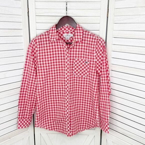 Vineyard Vines Gingham Check Button Front Shirt Red White Size 2 Long Sleeve - Picture 1 of 10